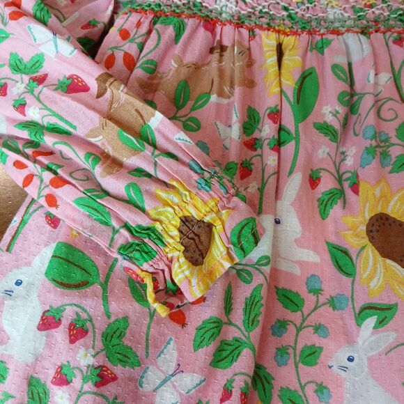 Mini Boden Pink Floral Bunnies Summer Sunflowers Dress Size 2-3Y Embroidered Euc - Picture 9 of 16